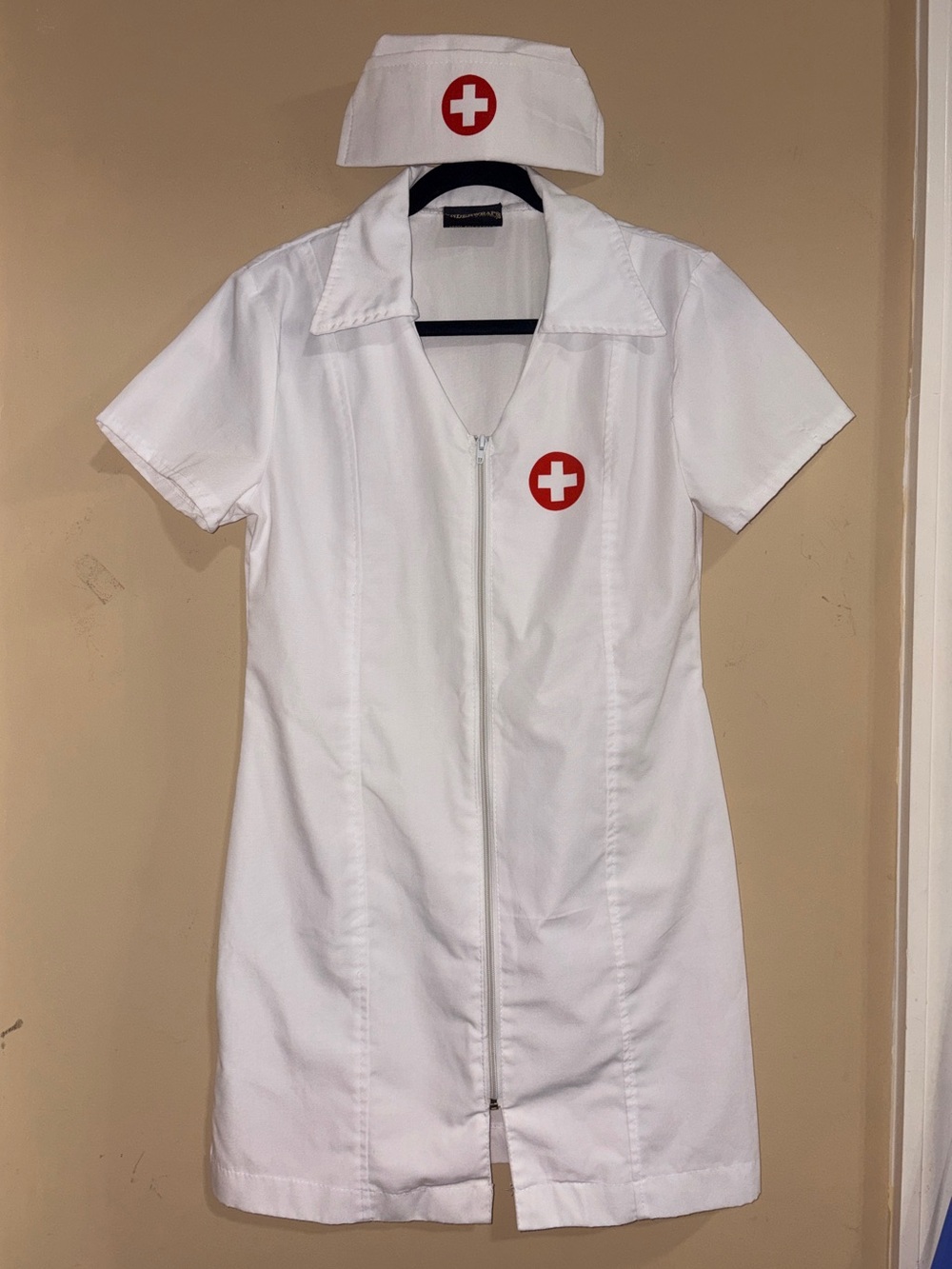 White Nurse Form Fitting Zip Front Costume with Matching Cap Medium